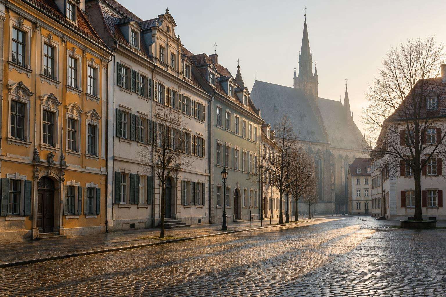 Cobbled square and Baroque townhouses in the early morning in Leipzig's old town, Saxony, Germany