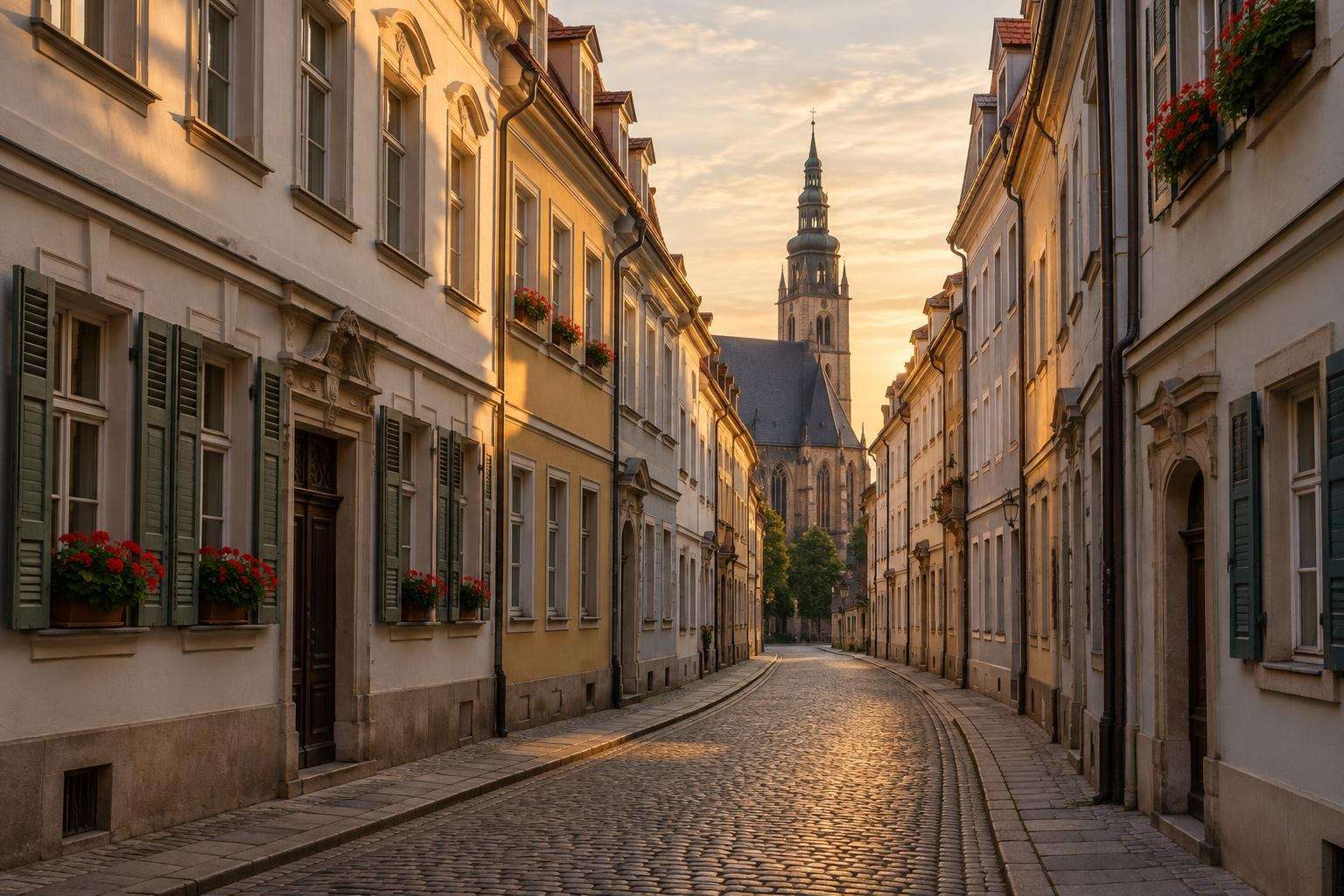 A narrow cobbled street in Leipzig's old town on a summer evening, with Baroque townhouses and the tower of a Gothic church in the distance