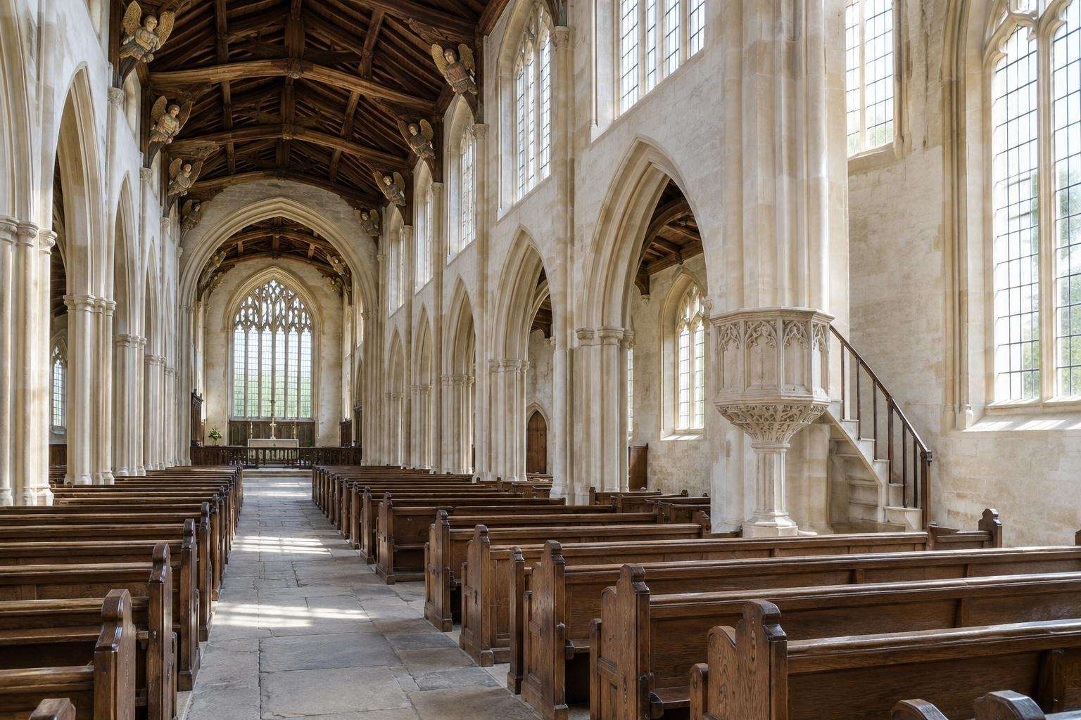 A light-filled Perpendicular nave with slender piers, a high clerestory and a stone wineglass pulpit in a Cotswold church.