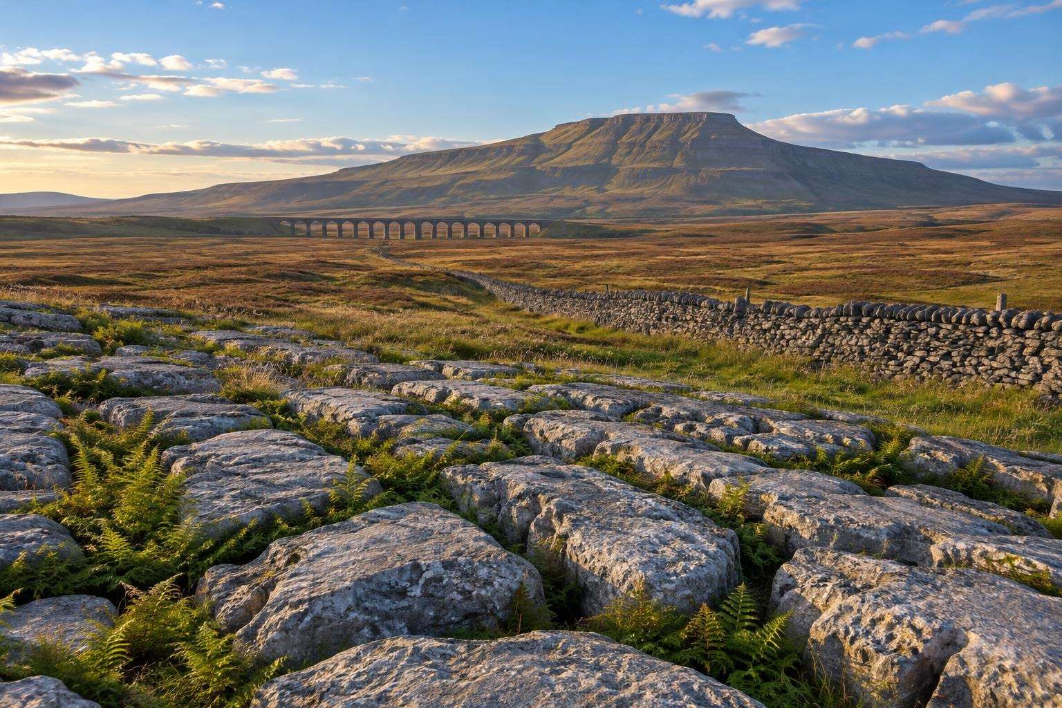 Limestone pavement and a drystone wall near Ribblehead in the Yorkshire Dales, with the distant viaduct and Ingleborough beyond
