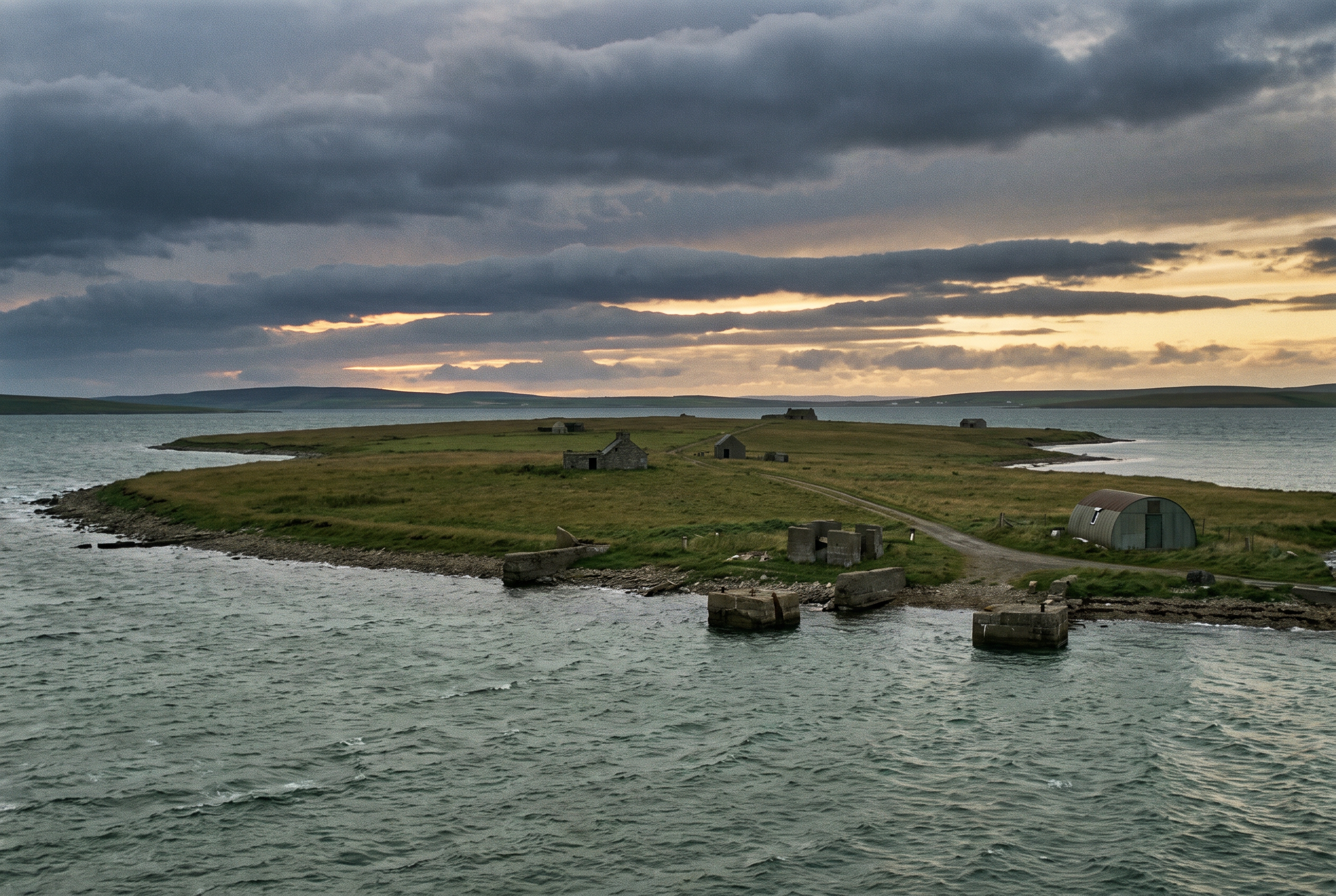 Aerial-style view of a flat Orkney island at dusk surrounded by Scapa Flow, with old stone buildings and a Nissen hut visible