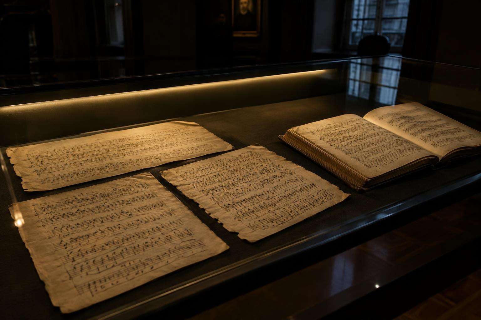 Old music manuscripts in brown ink lit softly inside a darkened museum display case in Leipzig, Germany