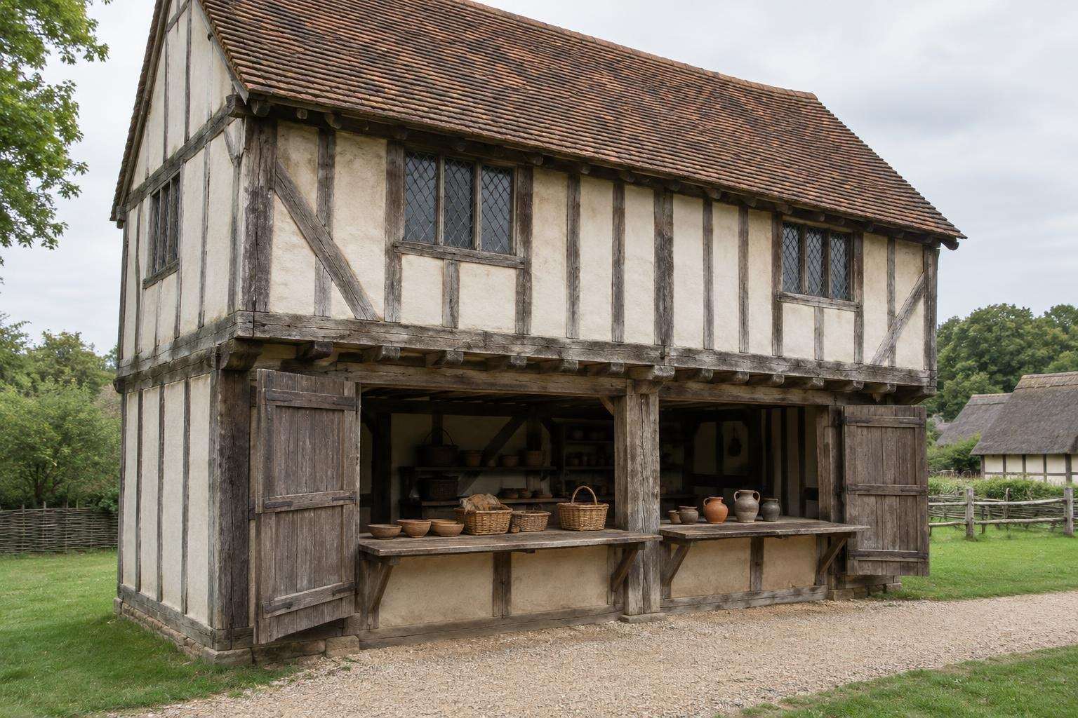 A late-medieval timber-framed shop with folding shutter counters, of the type re-erected at the Weald and Downland museum in West Sussex.