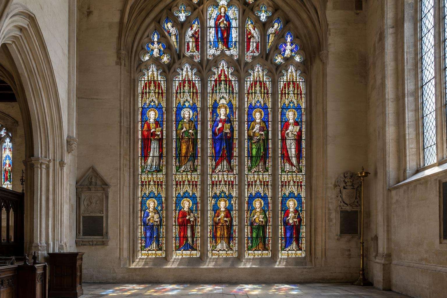 A Perpendicular window filled with late-medieval stained glass figures in a Cotswold parish church.
