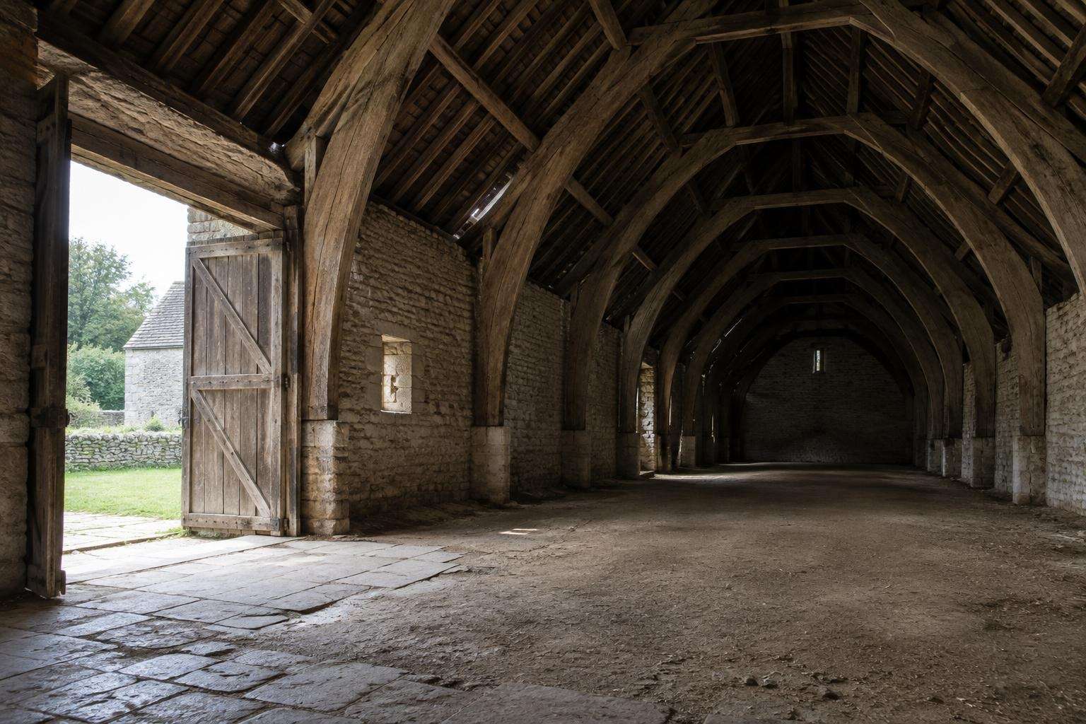 Curved oak cruck timbers supporting the roof of the medieval tithe barn in Lacock, Wiltshire.
