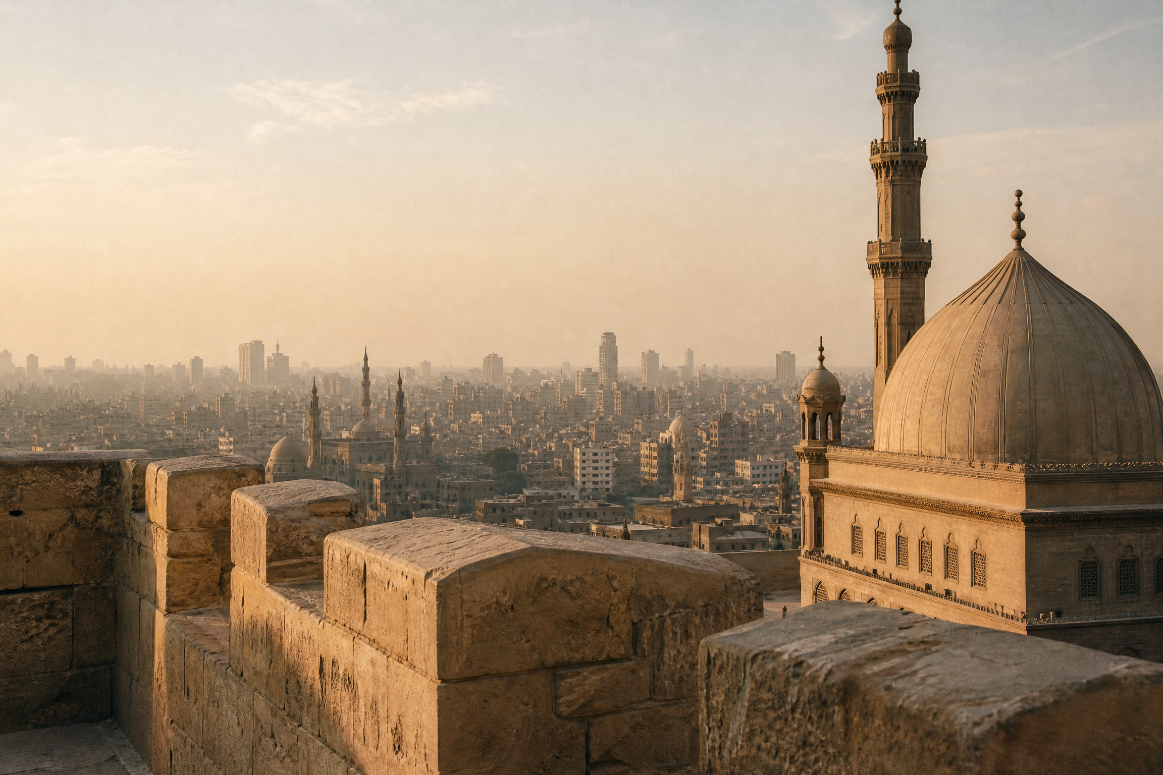 Panorama from the Citadel terrace over historic Cairo, with the Alabaster Mosque and the old city skyline