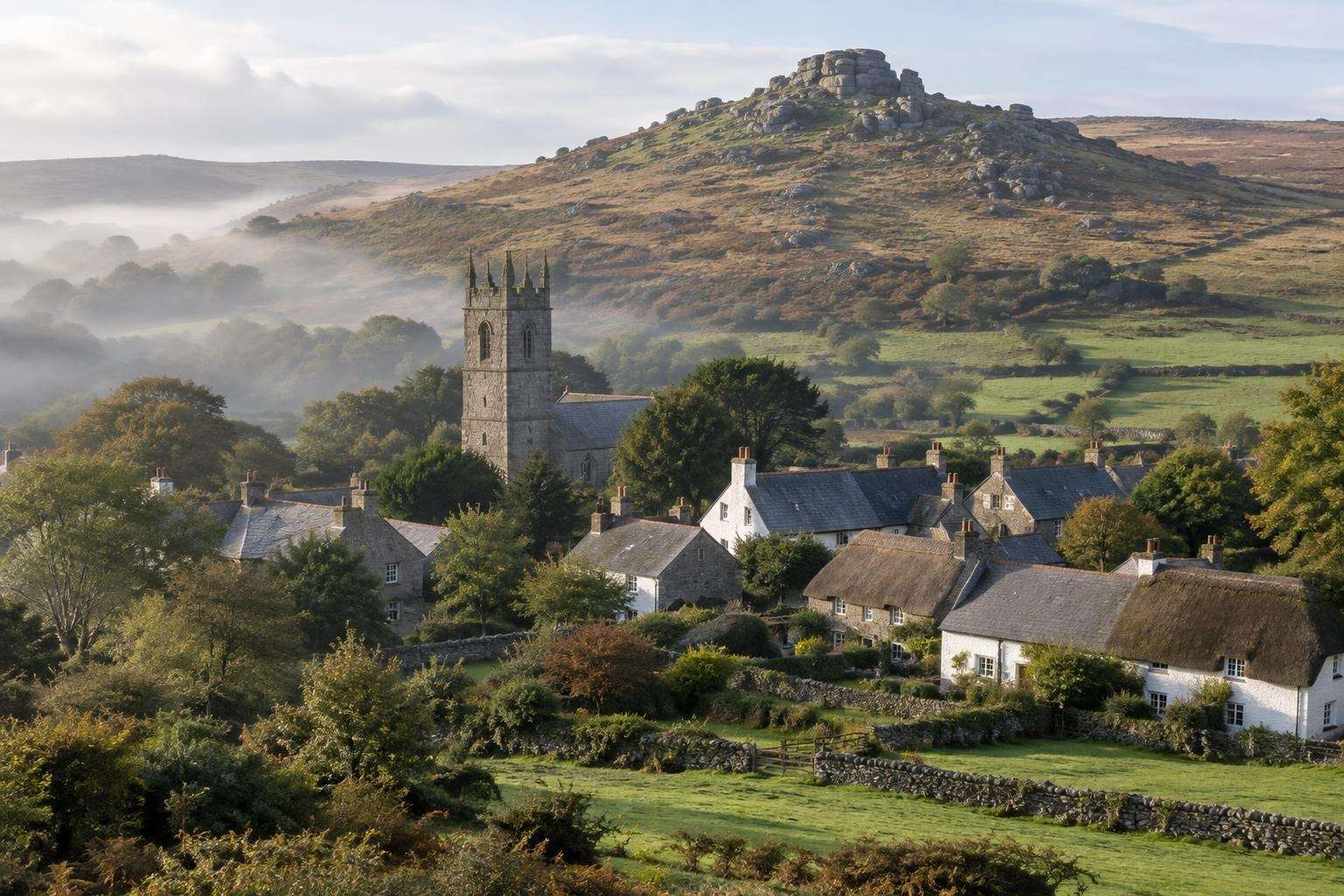 A moor-edge village with a granite church tower below open moorland on Dartmoor, Devon.