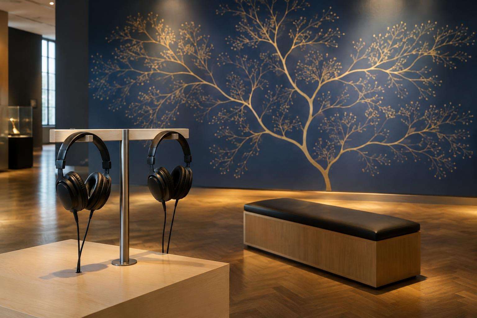Headphones hanging at a listening station beside a softly lit wall of branching lines in a music museum in Leipzig