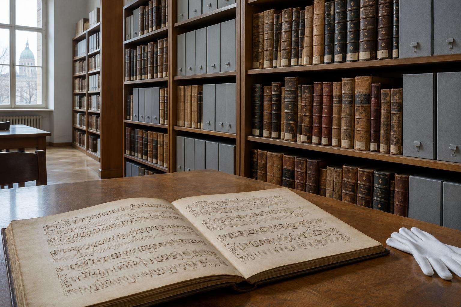 Leather-bound music manuscripts and archive boxes on wooden shelves in a quiet research library in Berlin, Germany
