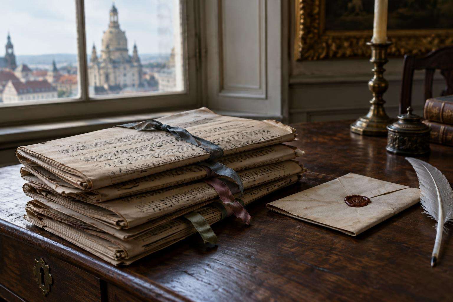 Bound sets of eighteenth-century handwritten music parts tied with ribbon beside a folded letter with a red wax seal on a desk in Dresden