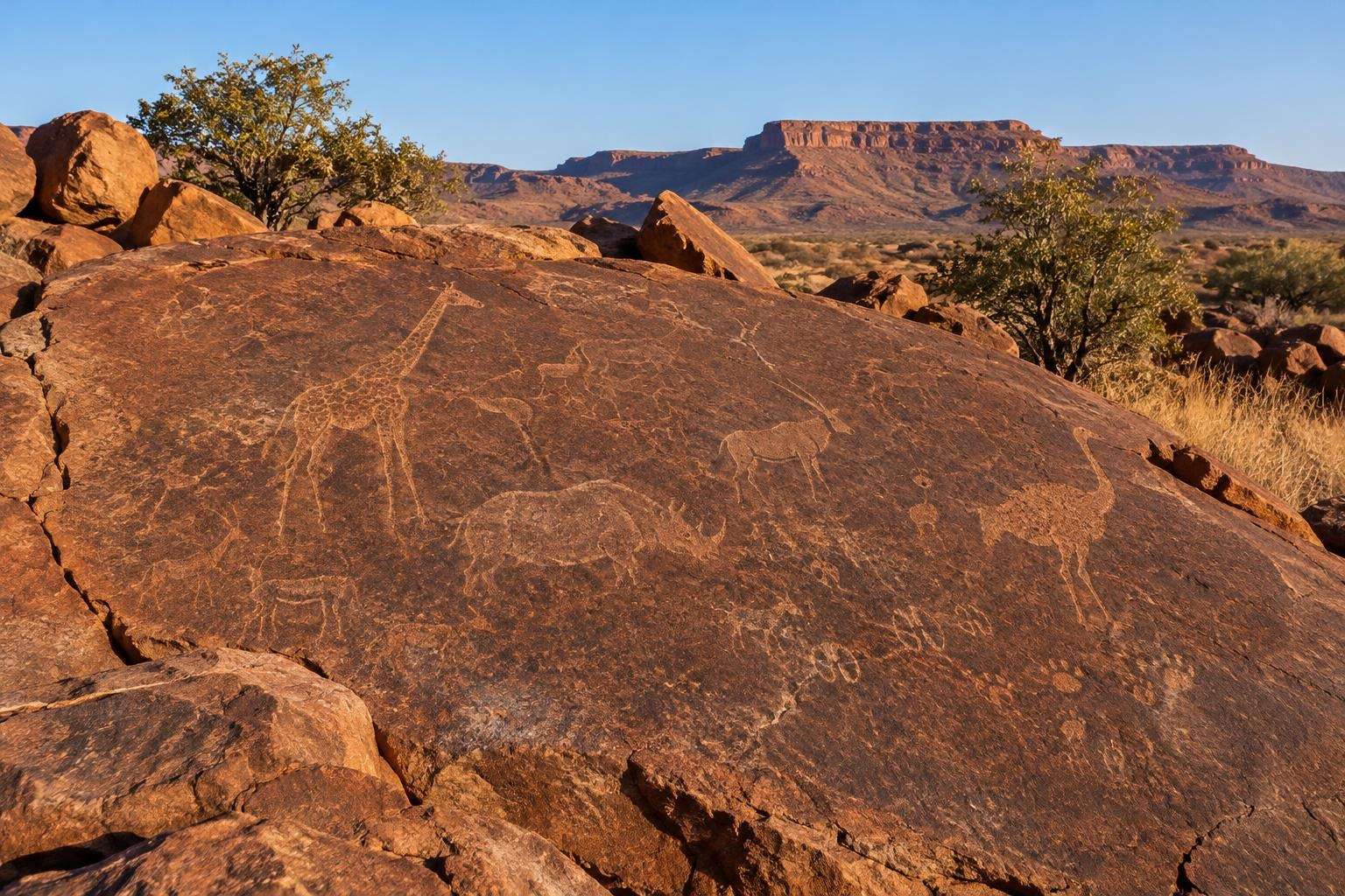 Twyfelfontein in Damaraland, ancient animal rock engravings on red sandstone
