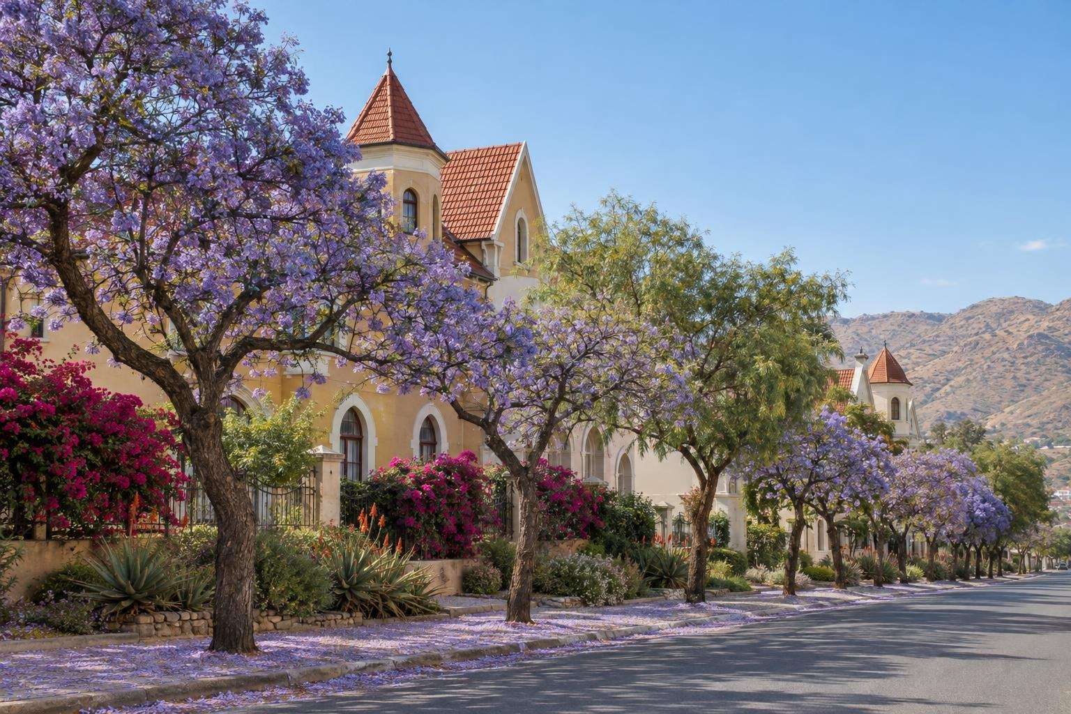 Windhoek in September, purple jacarandas in bloom along a street of German colonial-era buildings