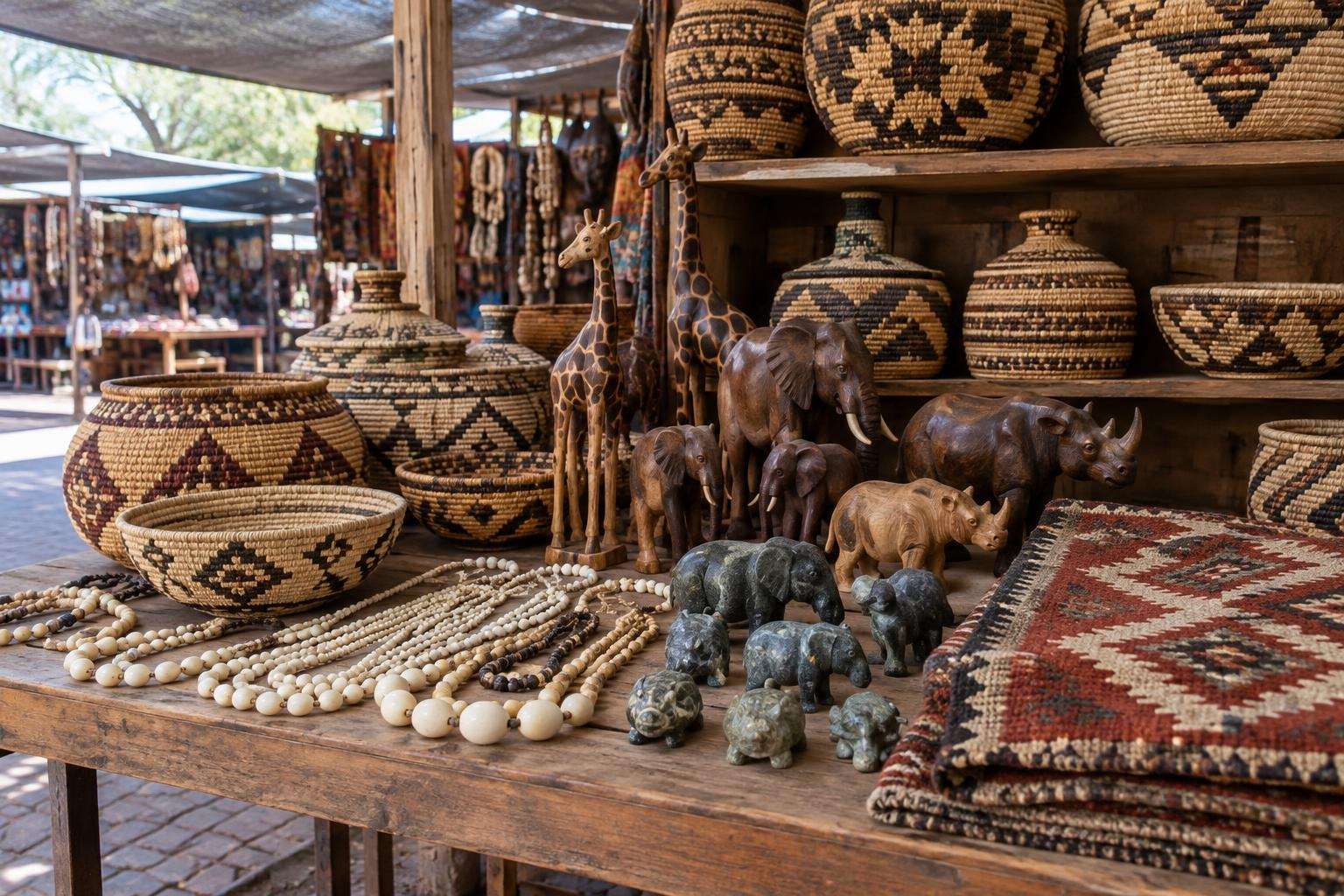 Windhoek craft stall with makalani palm baskets, carved wooden animals and ostrich-eggshell beads