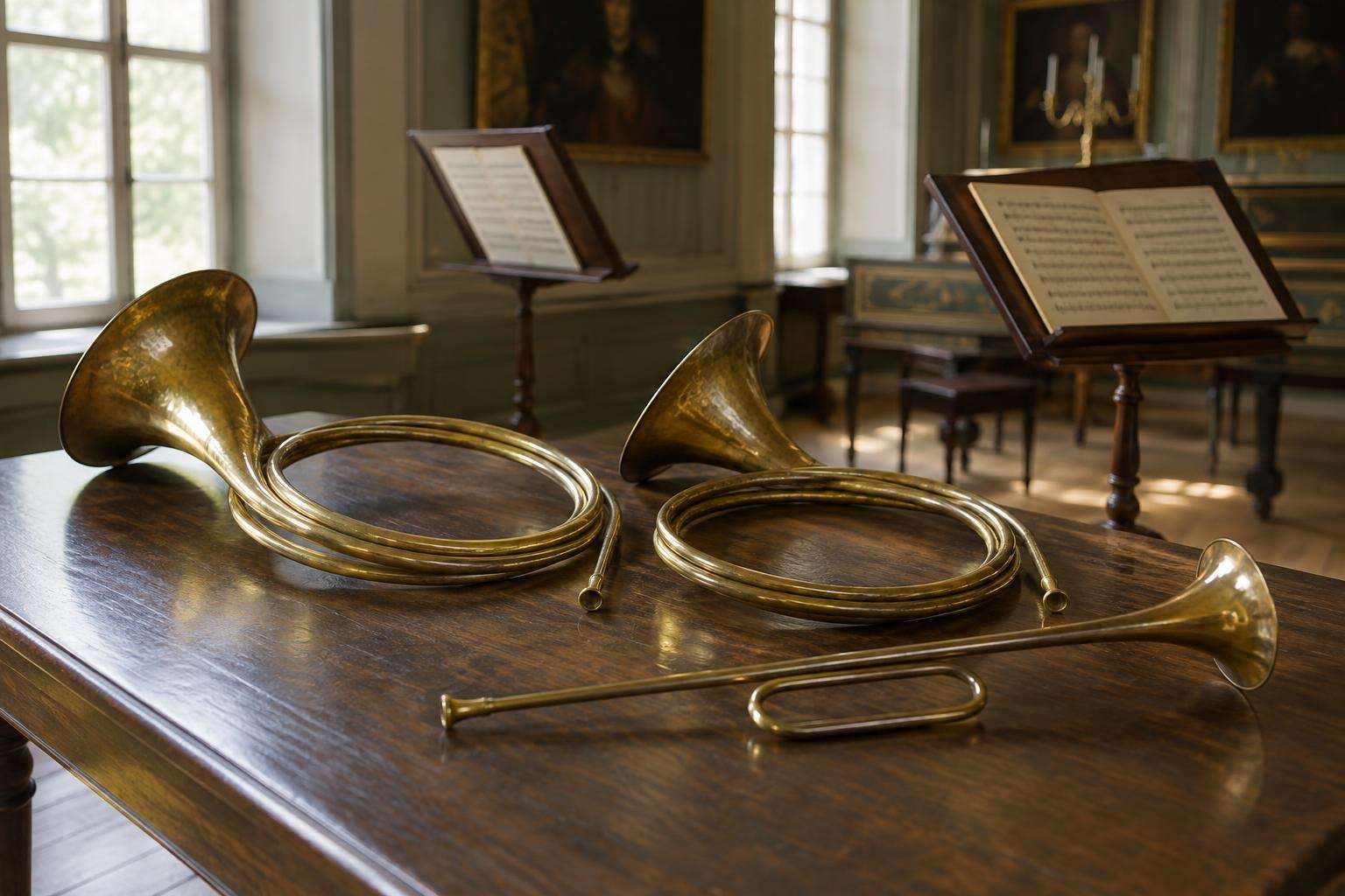 A pair of valveless natural horns and a long natural trumpet resting on a table beside music stands in a Baroque concert room in Köthen