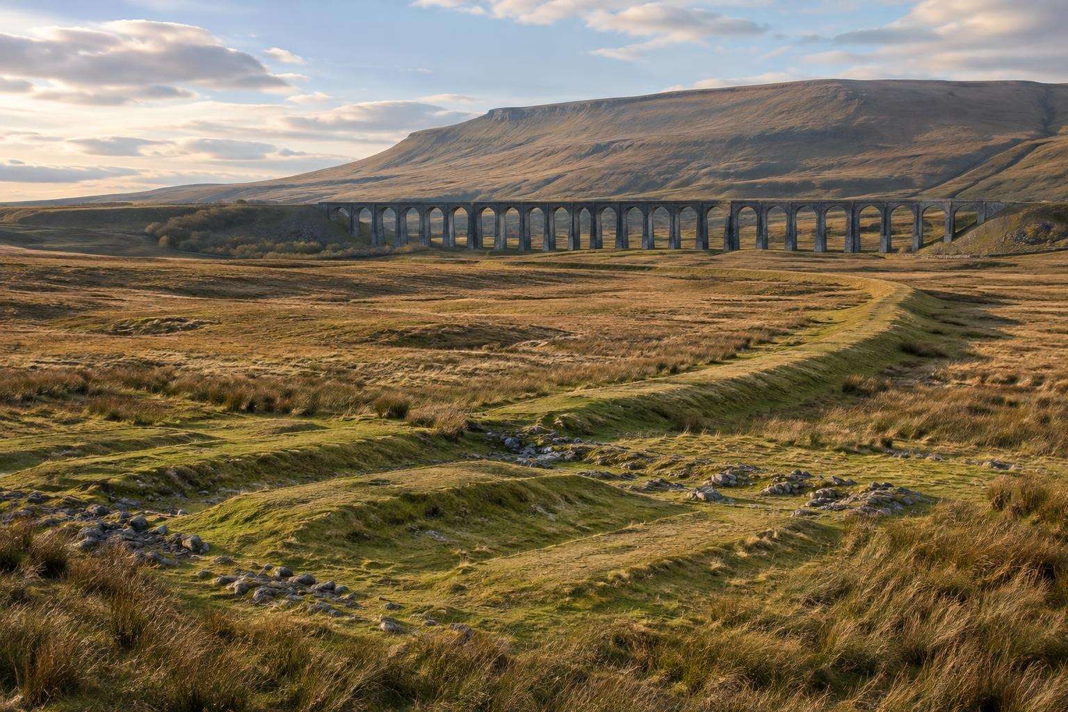 Grassy earthworks of the former railway construction camps on the moor at Ribblehead, Yorkshire Dales, with the viaduct beyond