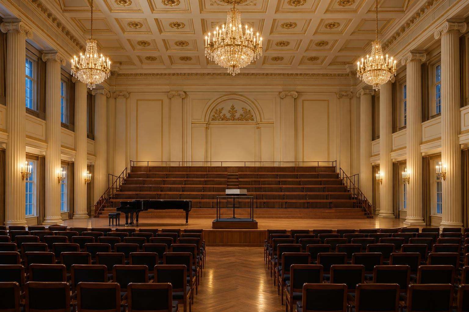 A neoclassical concert hall with a coffered ceiling, columns and tiered choir seating behind a grand piano in Berlin, Germany