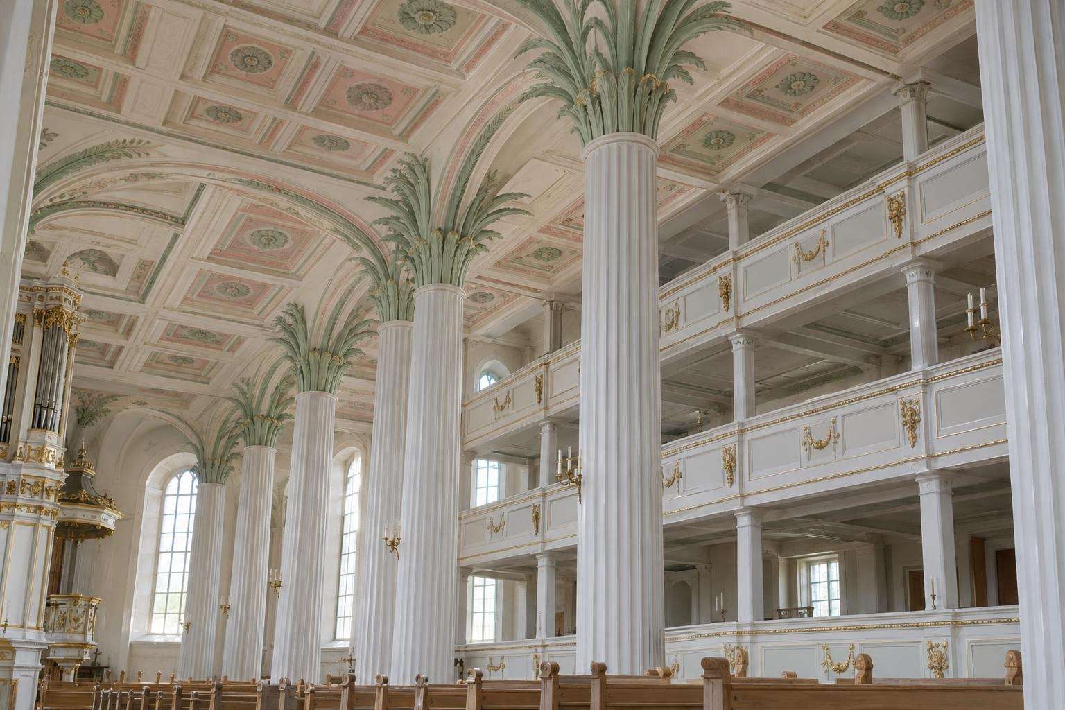 Neoclassical church interior with white columns crowned by green palm-frond capitals in Leipzig's old town, Saxony