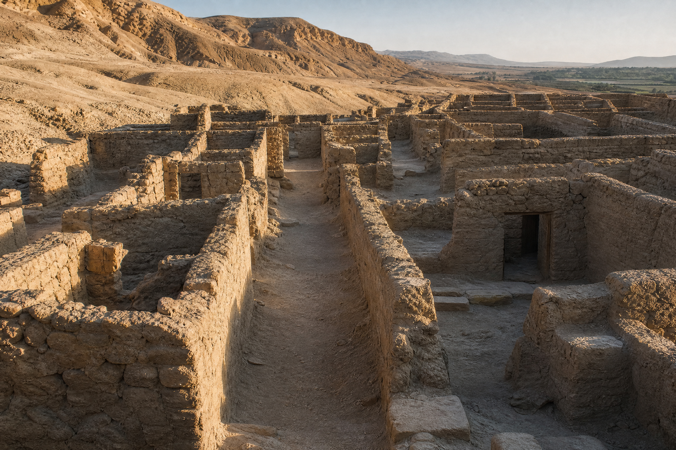 Compact stone-and-mudbrick house foundations and shared lanes of the ancient workers' village at Deir el-Medina, Luxor, Egypt