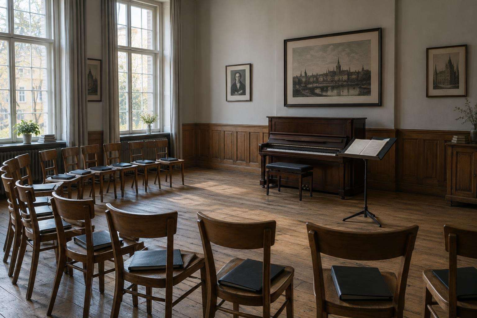 Rows of wooden chairs with choir folders arranged in a curve around a piano in a nineteenth-century rehearsal room in Berlin