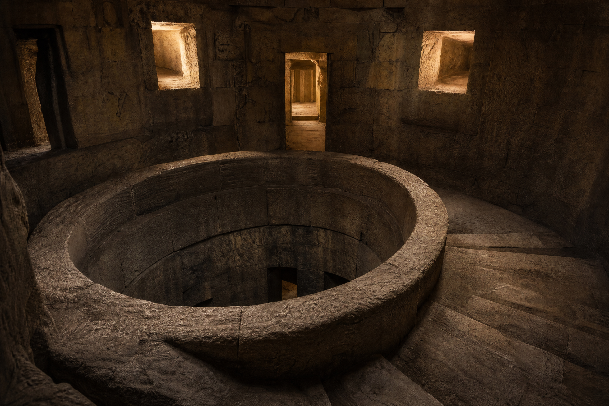 Carved rock Rotunda chamber inside the Catacombs of Kom el Shoqafa, Alexandria
