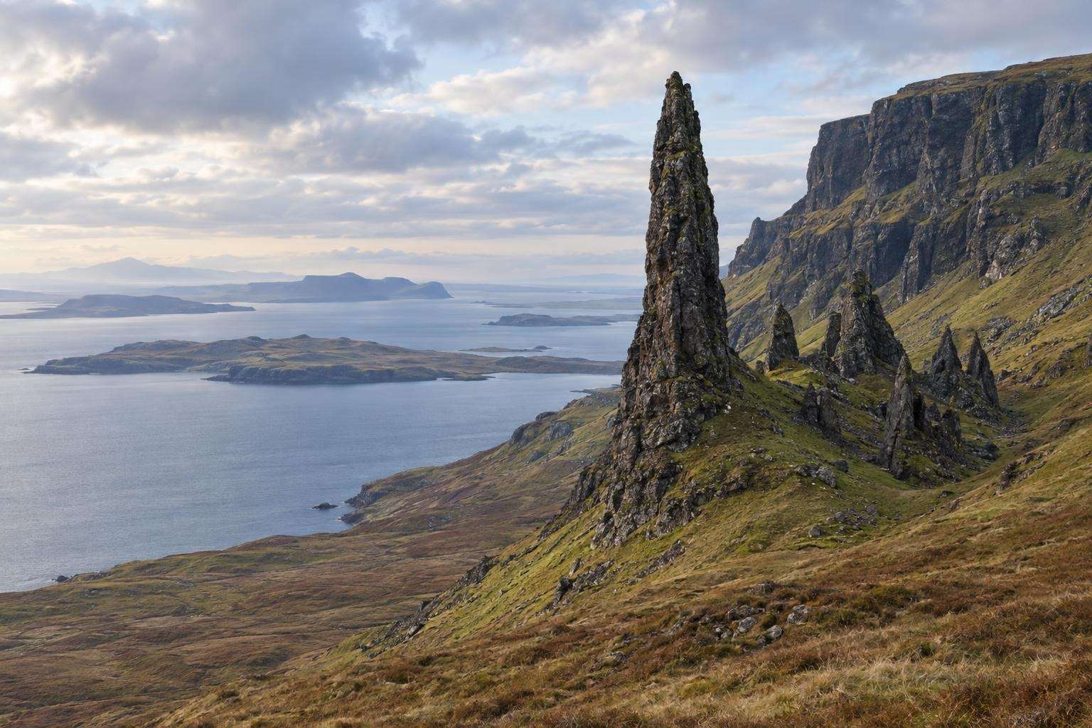 The Old Man of Storr rock pinnacle above the Sound of Raasay on the Isle of Skye