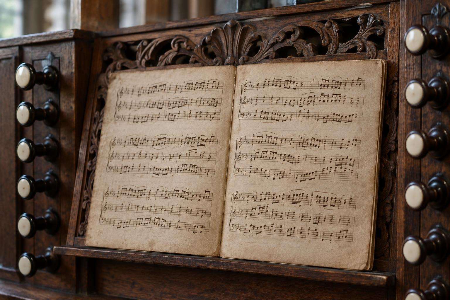A handwritten organ chorale manuscript open on the music desk of a Baroque organ, with rows of turned wooden stop knobs on either side