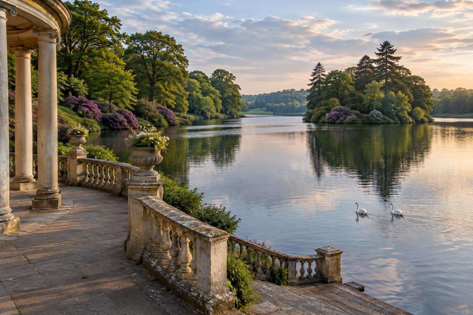 A large Edwardian ornamental lake with wooded banks seen from a stone balustraded terrace on a Kent estate.