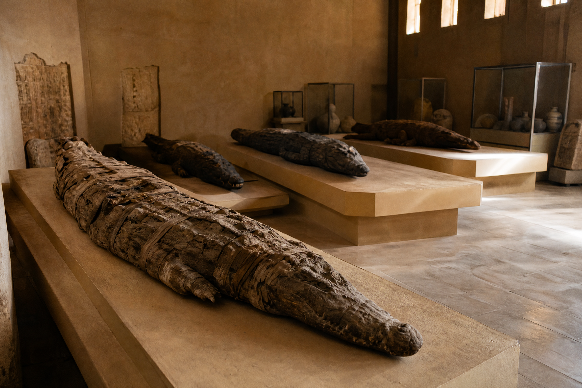Mummified crocodiles on display in the Crocodile Museum at Kom Ombo, Egypt