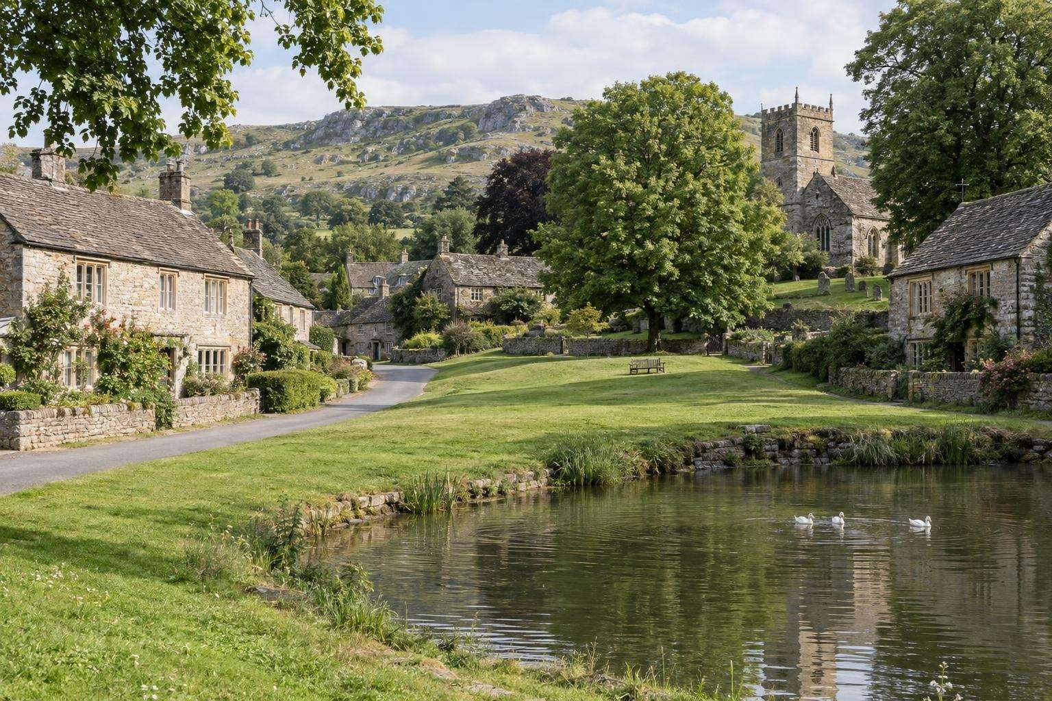 Stone cottages around a village green and duck pond in an estate village in the Derbyshire Peak District.