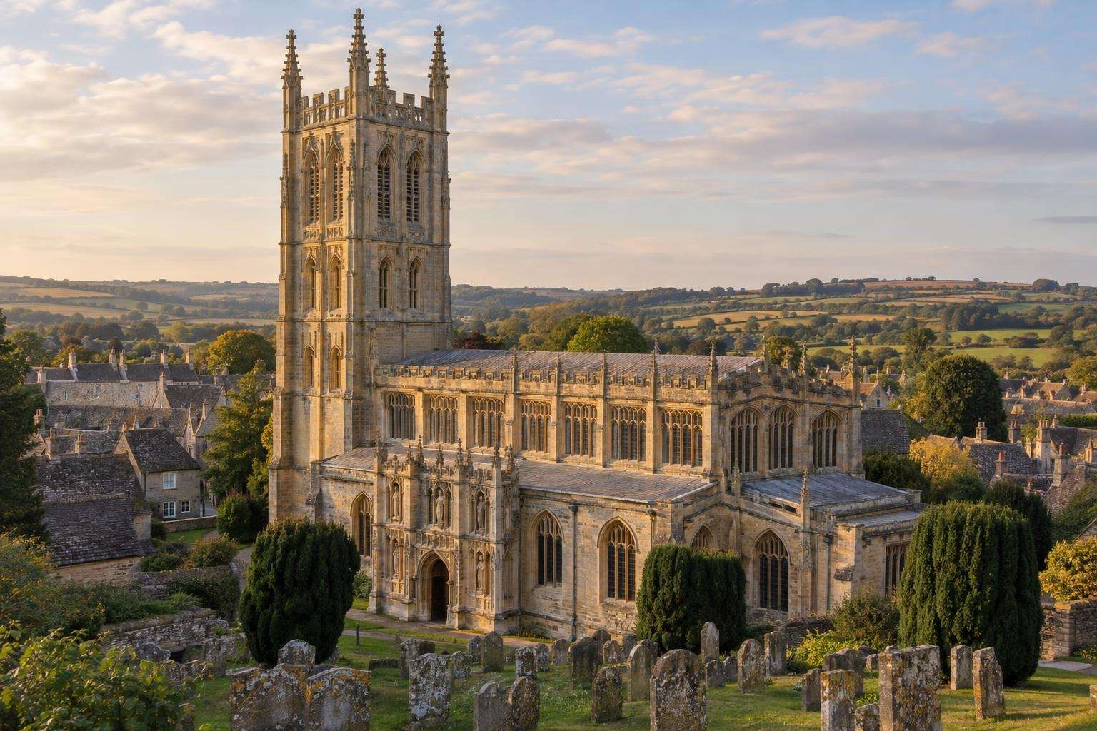 A fifteenth-century Perpendicular wool church with a tall pinnacled tower and clerestory above a Cotswold market town.