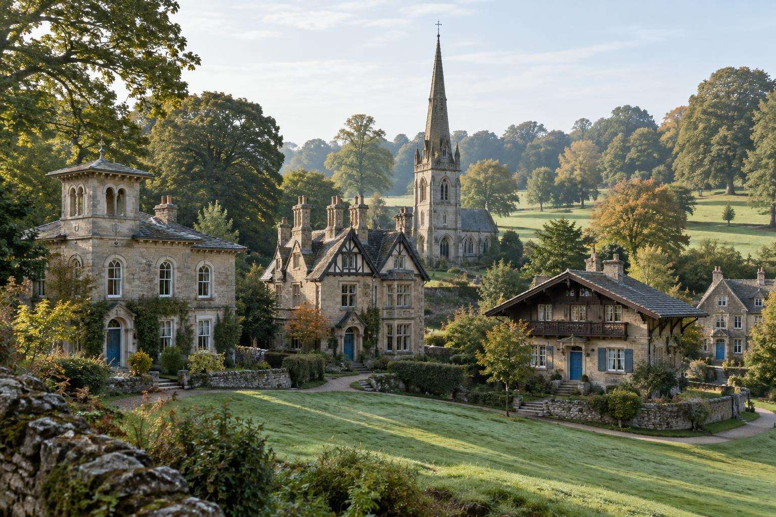 Stone houses in contrasting picturesque styles with matching blue doors around a green in a Victorian model estate village in Derbyshire.