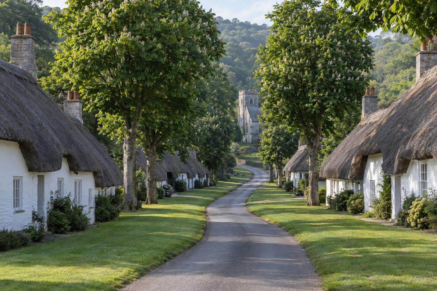 Matching pairs of whitewashed, thatched cob cottages lining the street of a planned eighteenth-century estate village in Dorset.