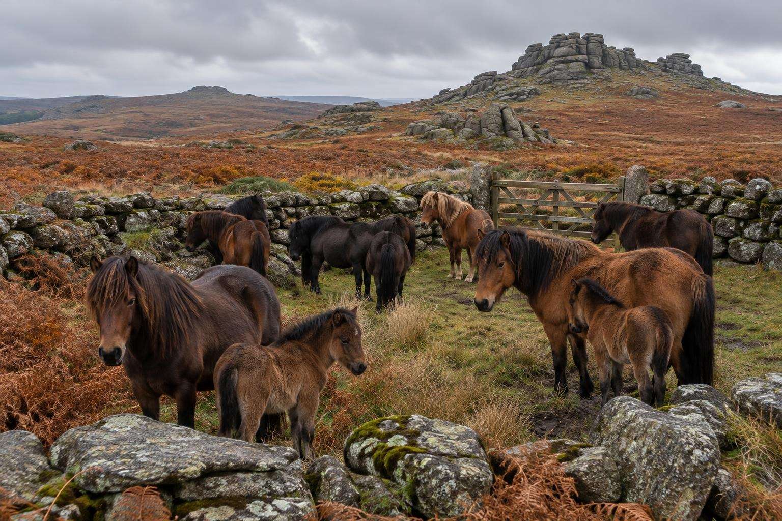 Dartmoor ponies with mares and foals gathered in a granite-walled pound on the moor in autumn.