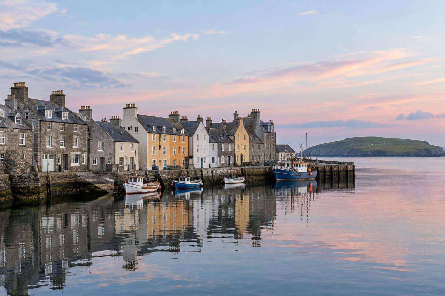 Lerwick harbour in Shetland with old waterfront houses and small boats on calm water