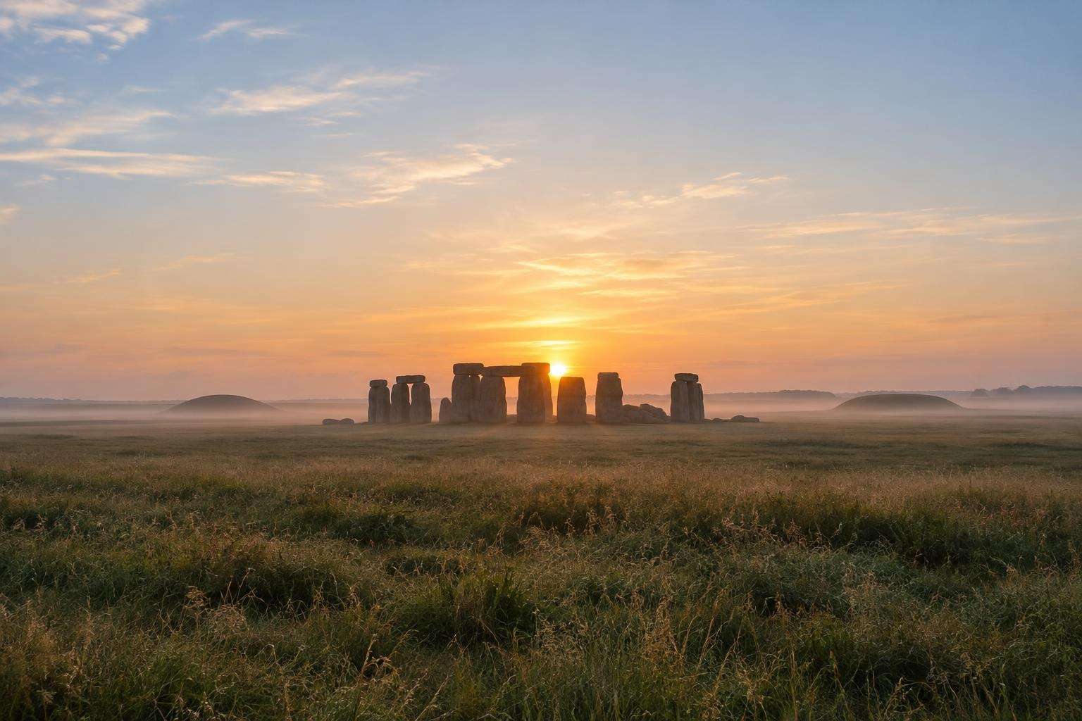 Stonehenge on Salisbury Plain at dawn, seen across open grassland with the low sun behind the stones