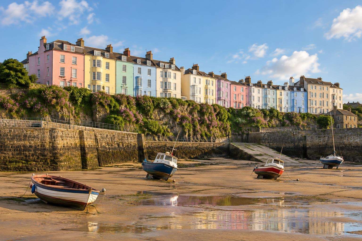 Tenby harbour in Pembrokeshire, pastel Georgian houses above boats resting on the sand at low tide