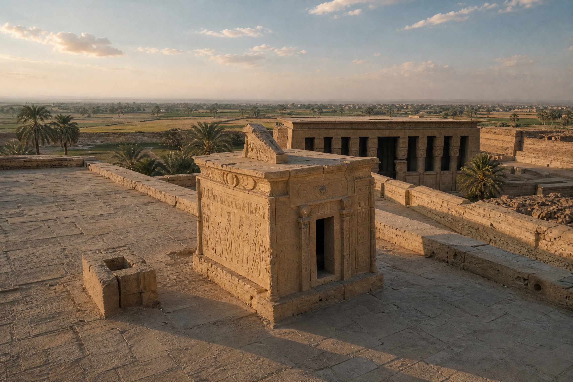 View of the roof chapel and wider temple complex at Dendera, Upper Egypt