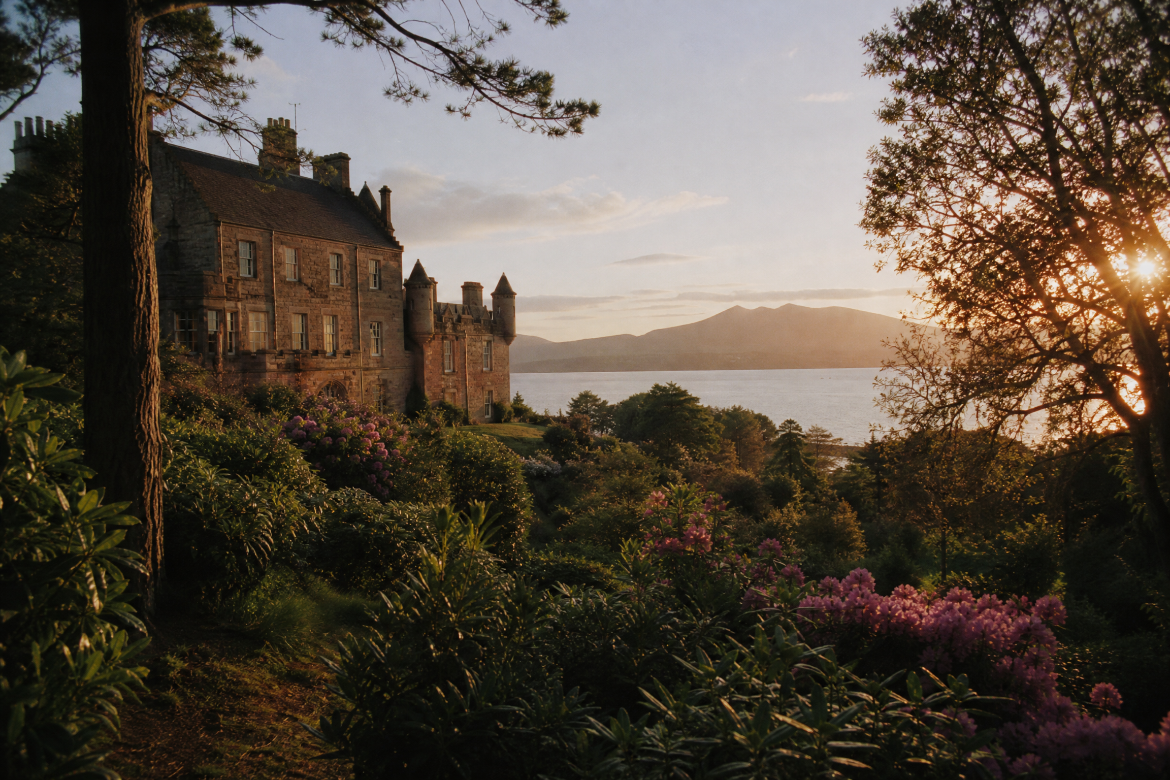Brodick Castle seen from the gardens at golden hour, with Brodick Bay and the mountains of Arran behind it