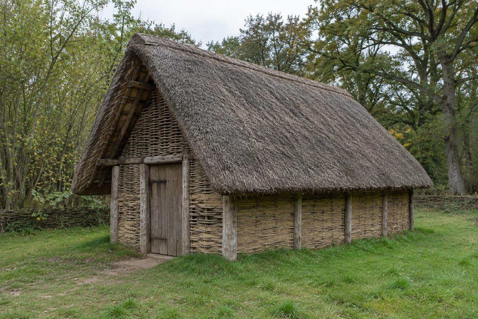 A reconstructed Anglo-Saxon hall with wattle-and-daub walls and a steep thatched roof, of the type built at the Weald and Downland museum in West Sussex.