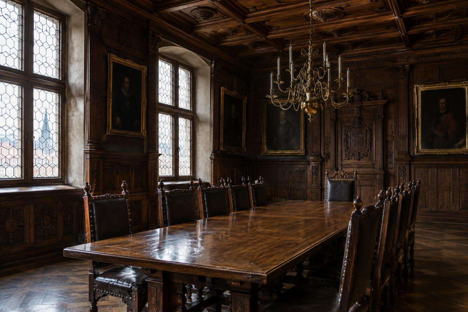 A wood-panelled Renaissance council chamber with a long table, high-backed chairs and leaded windows in a historic town hall in Leipzig