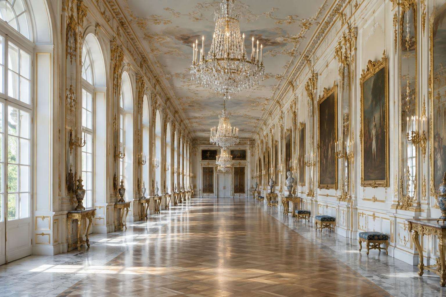 A long rococo palace gallery with gilded mirrors, white and gold panelling and a parquet floor in Potsdam, Germany