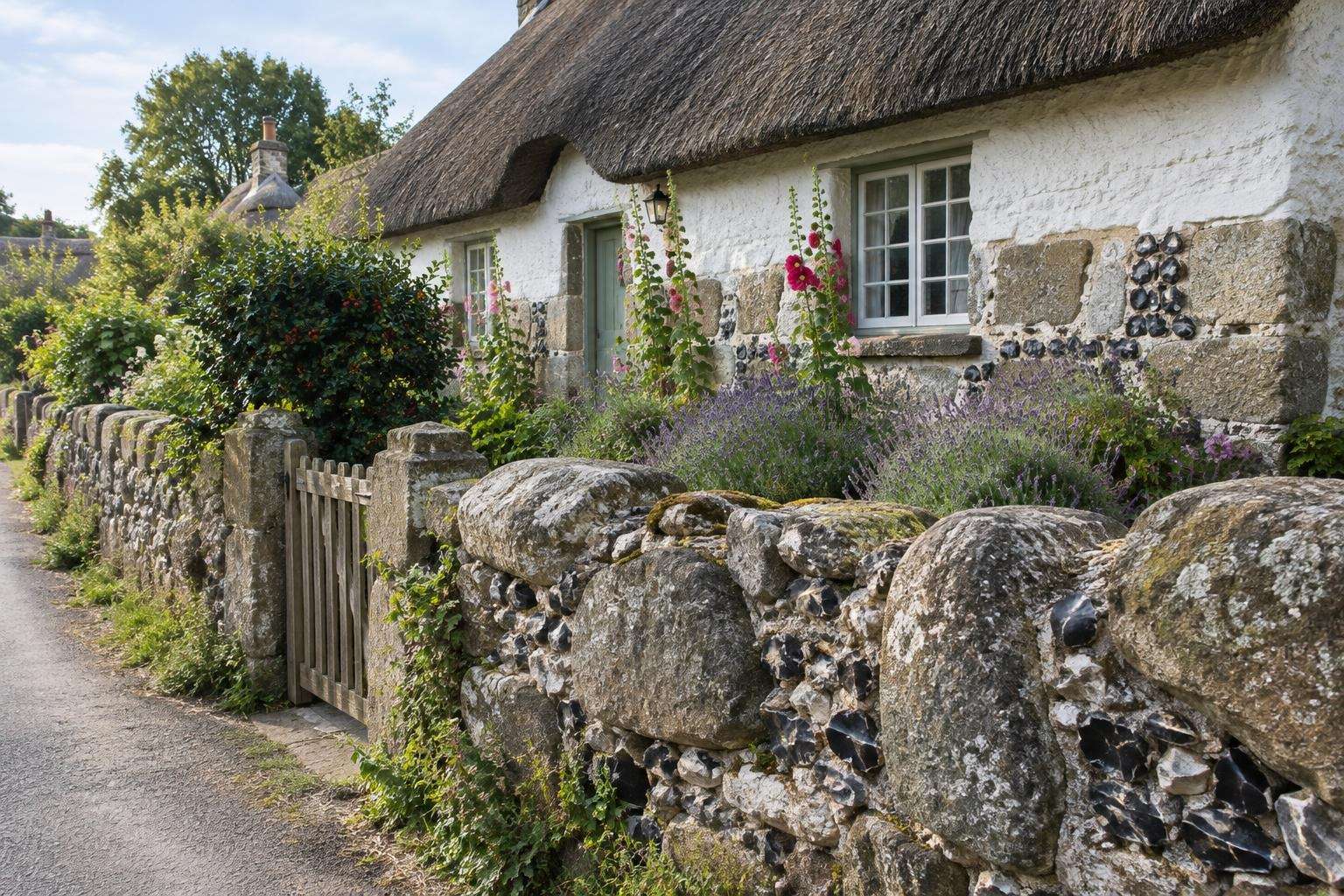A wall of reused sarsen and flint beside a thatched cottage in Avebury village, Wiltshire.