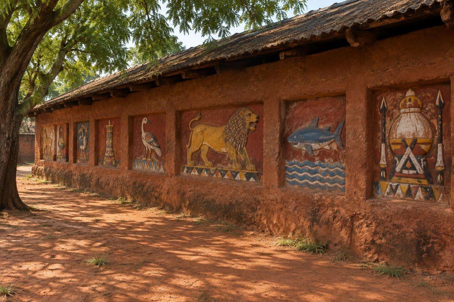 Royal Palaces of Abomey, red earth walls with painted bas-relief panels