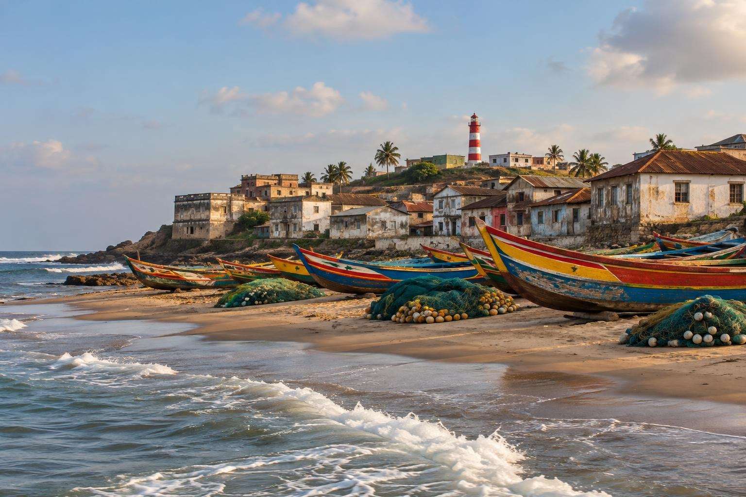 Jamestown in Accra, painted fishing canoes on the shore below the red-and-white lighthouse