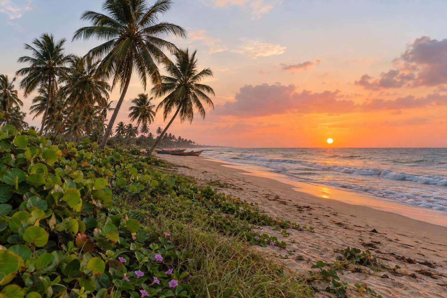 Labadi shore in Accra at sunset, coconut palms over the beach and Atlantic waves
