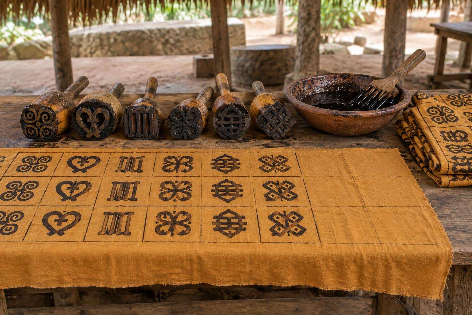 Adinkra cloth printing at Ntonso near Kumasi, carved calabash stamps and dye on stamped cloth