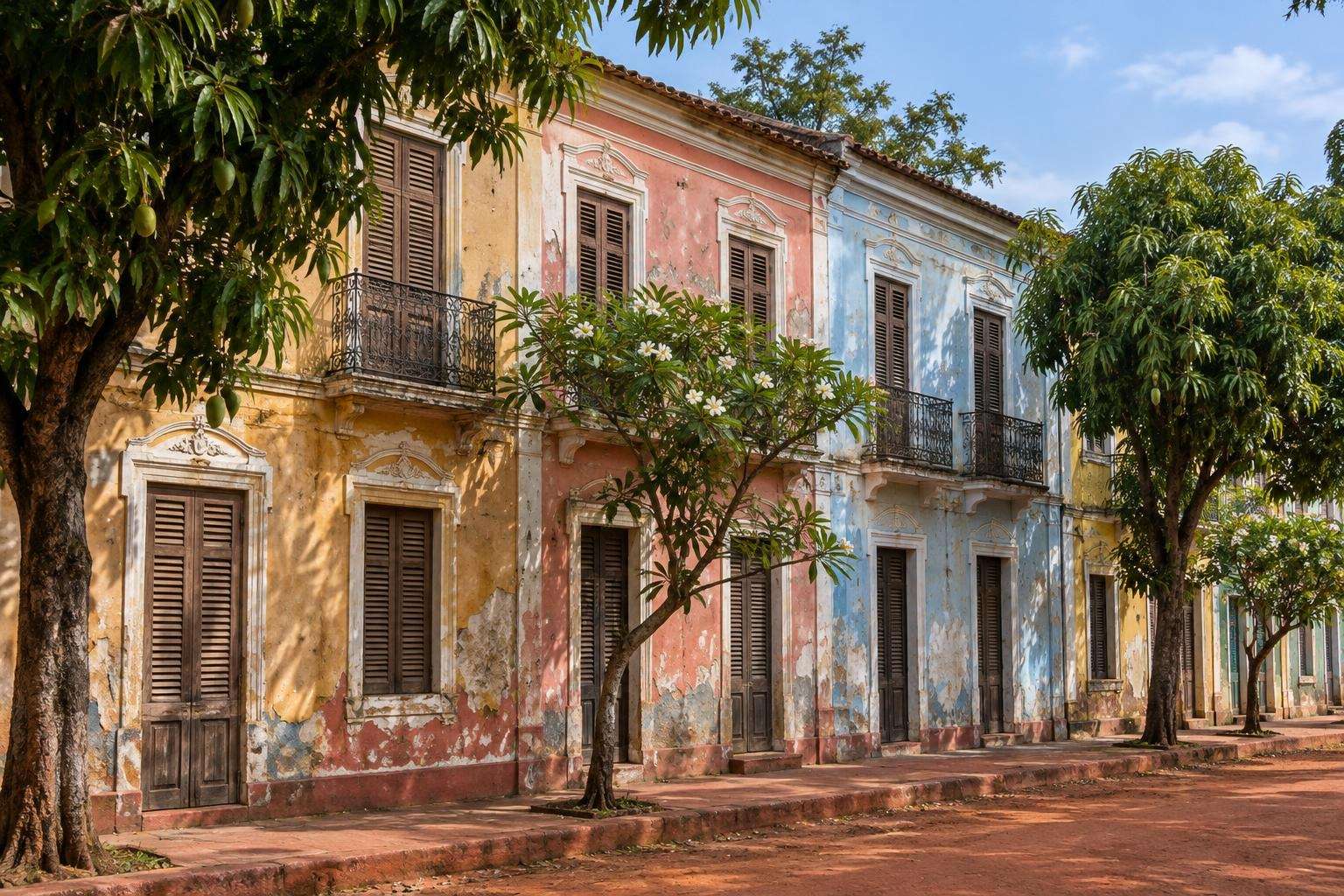 Porto-Novo old quarter, faded Afro-Brazilian facades with shutters and iron balconies