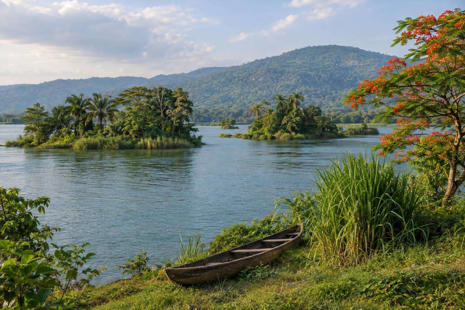 Volta River near Senchi, forested islands, a wooden canoe and the Akwapim hills