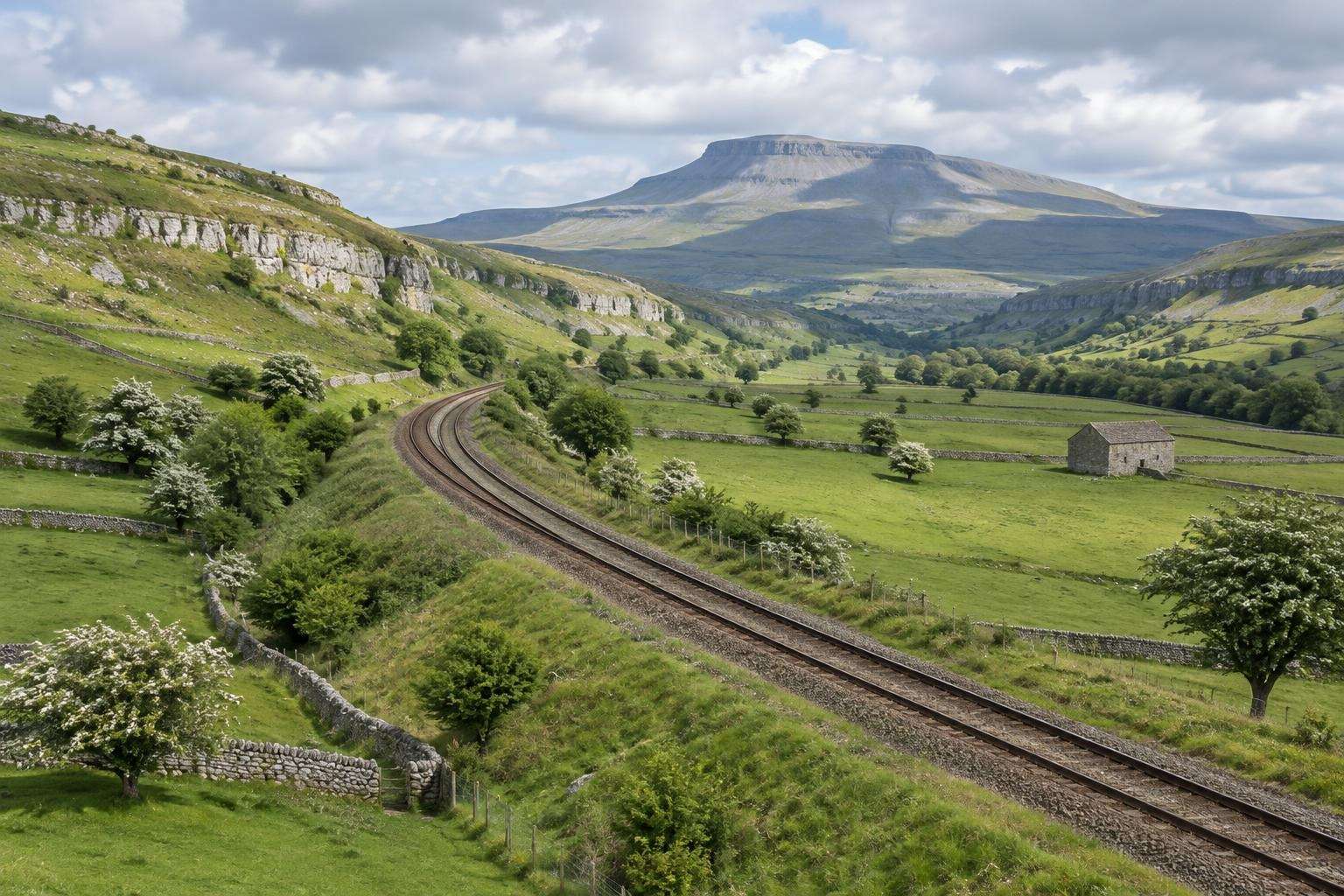 The Settle–Carlisle railway climbing the upper Ribble valley through drystone-walled pasture in the Yorkshire Dales, with Ingleborough in the distance