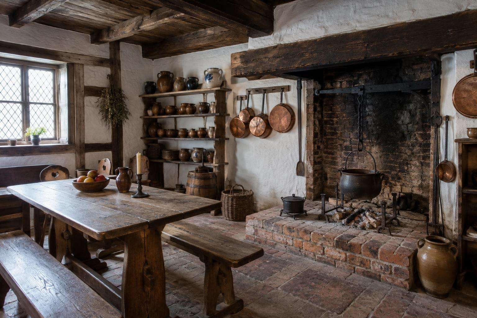 A seventeenth-century German kitchen with a hearth, copper pots, wooden table and leaded window in a half-timbered house in Eisenach